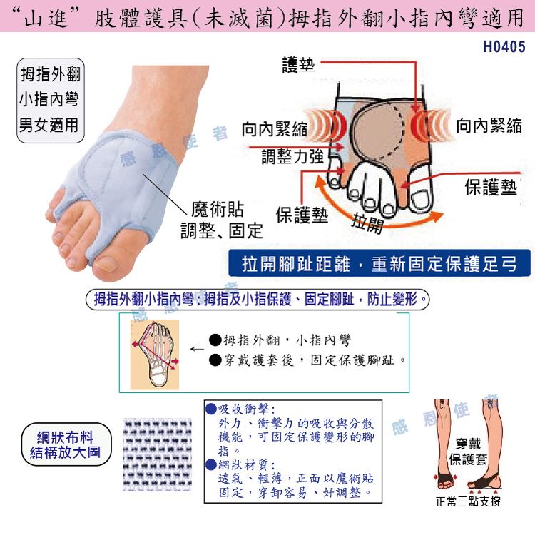 肢體護具:拇指外翻、小指內彎護套，可吸收並分散行走時的衝擊力道，固定並保護變形的腳指。透氣、輕薄、好穿脫、好調整!拇趾外翻手術，拇指外翻免手術